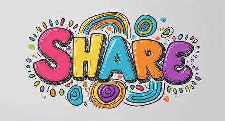 Share word lettering with groovy doodles drawing design on plain white background