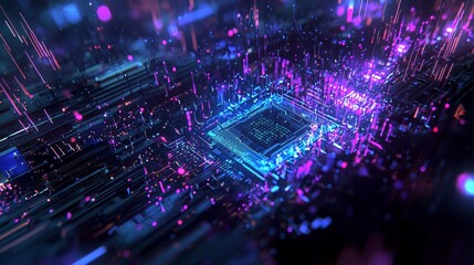 Wall Mural - A computer chip, surrounded by glowing blue and purple data streams, floating in the dark space with futuristic architecture