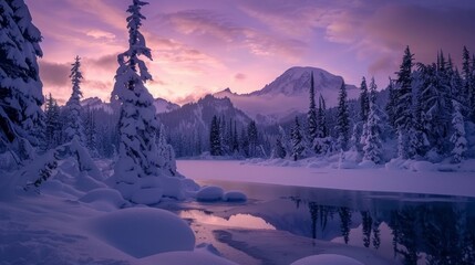 Wall Mural - A snowy landscape with a mountain in the background and a lake in the foreground