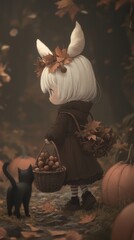 Canvas Print - A little girl holding a basket of apples next to a black cat