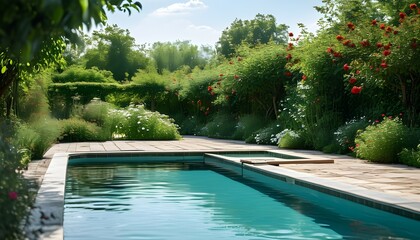 Wall Mural - Serene summer garden featuring a pristine pool surrounded by lush greenery and vibrant blooms