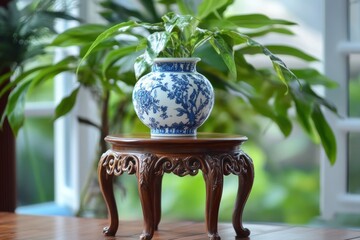 Wall Mural - A decorative blue-and-white vase with a plant sits atop an intricately carved wooden stand, surrounded by greenery and natural light.