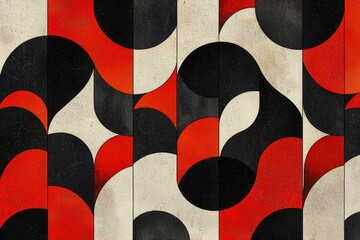 Wall Mural - Abstract Geometric Pattern with Red, Black, and White Circles and Arcs