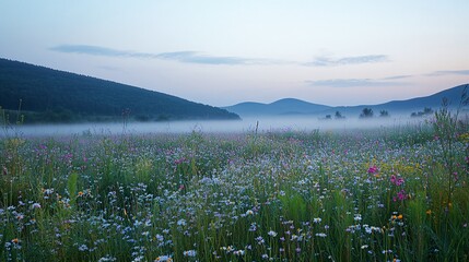 Canvas Print - A field of wildflowers with a misty background and rolling hills.