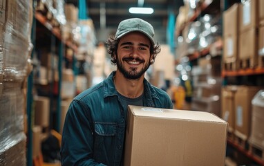 Smiling warehouse worker carrying a box in a storage facility