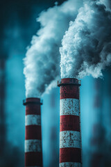 two tall red and white smoke stacks with a lot of smoke coming out of them