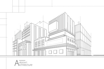 Aufkleber - 3D illustration abstract urban building out-line drawing of imagination architecture building construction design.