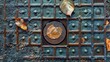 © AImmersive Imagery - Urban Square Metal Manhole Cover with Leaf and Marking Lines