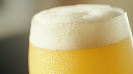 A glass of frothy yellow beer with a rich white foam head, highlighted in a close-up shot, perfect for refreshing moments