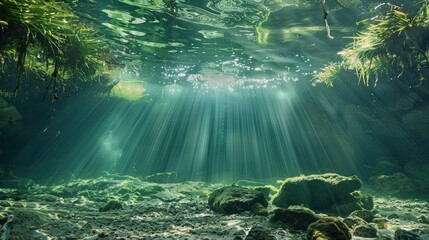 Underwater sunlight in river scenery diving