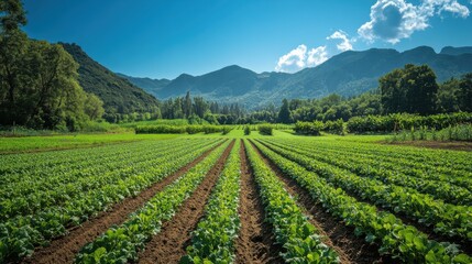 A vibrant organic farm with diverse crops, interspersed with native plants and wildlife habitats, under a clear blue sky