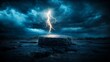 © Paul - Dark storm clouds and jagged lightning over a barren rock landscape, stone podium illuminated by flashes, hyper-realistic, high contrast, cold tones, dramatic lighting