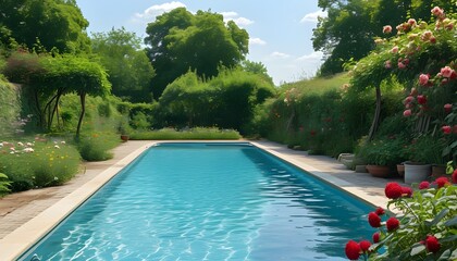 Wall Mural - Serene summer garden featuring a pristine pool surrounded by lush greenery and vibrant blooms