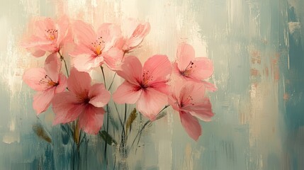 Wall Mural - Elegant bouquet of pastel pink flowers, arranged in a painterly oil canvas style, evoking the warmth and softness of summer