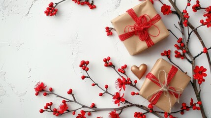 Wall Mural - Valentine s Day arrangement with presents and red blossom on white backdrop space for text