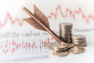 A wooden arrow points towards stacks of coins on a graph showing a red downtrend.