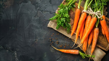 Fresh carrots on cutting board with burlap background in flat lay