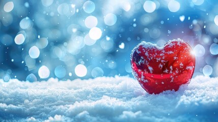 Wall Mural - valentine s day postcard with heart in snowy background and room for text