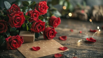 Wall Mural - valentine s day roses and card on rustic table with soft focus