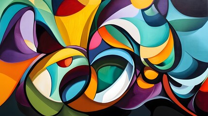 Complex abstract art with fluid organic forms and precise geometric shapes in a vibrant modern palette