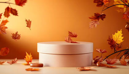 Wall Mural - product podium in autumn warm colors for product presentation mockup for branding packaging