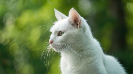 White feline against blurred green backdrop