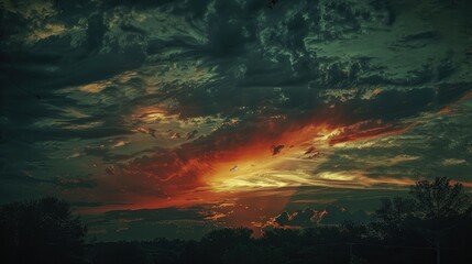 Fiery hued sunset in overcast sky