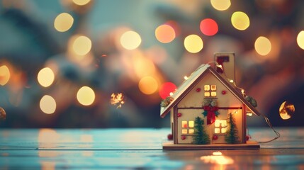 Wall Mural - Vintage toned Festive Wooden Toy House with Bright Holiday Lights and Garland Scratches