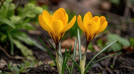 Two Crocus flowers yellow bloom amid spring garden greenery