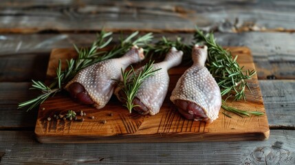 Fresh BIO duck legs for making traditional French confit with herbs and spices on a wooden board