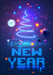 Aufkleber - Christmas tree on Christmas poster in computer technology style. Pixels words New year. Merry christmas and New Year congratulations card in computer tech design. Digital New year vertical card.