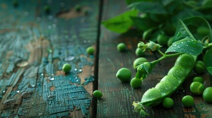 Green peas on wooden table