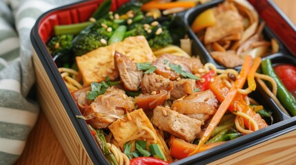 Fried tofu and pork with veggies and noodles bento