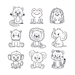 Wall Mural - set of cartoon cute animals including lion, tiger, hippopotamus, monkey, hedgehog, koala, raccoon, f