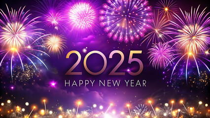 banner purple firework celebrate anniversary happy new year 2025, 4th of july holiday festival. bann
