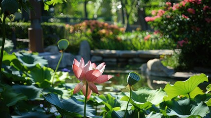 The garden is adorned with a blooming lotus flower