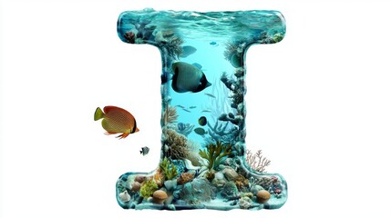 artistic representation showcases the letter I, designed as a clear aquarium filled with colorful fish and marine life, set against a bright white background.