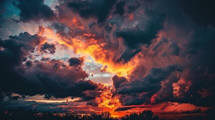 Fiery hued sunset in overcast sky