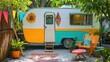 © Napasnan - A vintage travel trailer parked at a retro-style campground with colorful decor