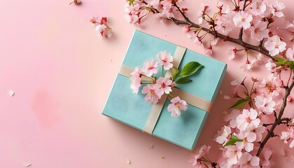 Wall Mural - Charming gift box nestled among spring cherry blossoms on soft pink background, perfect for seasonal celebrations and personalized messages.