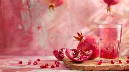 Fresh pomegranate slice with juice in glass on wooden board against pink and red backdrop Minimalistic creative idea Room for text