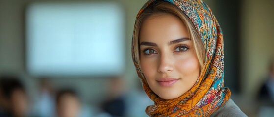 Canvas Print - Portrait of a woman wearing a patterned headscarf.