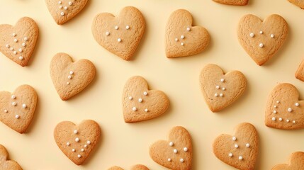 Top view of heart shaped gingerbread cookies on a light yellow background Valentine s Day theme