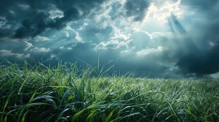 Poster - stormy sky backdrop with sun rays over lush grass