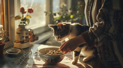 Domestic pet cute cat eat delicious food inside kitchen room. Tender owner care little kitten and feed kitty create lovely scene. Cuteness of small animal convey sense of adorable and joyful. AIG61.