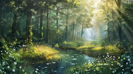 Poster - Spring Forest Landscape with Sunlight Reflections