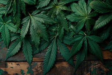 Lush Green Cannabis Leaves Over a Weathered Wooden Surface