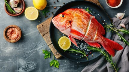 Top view of fresh red tilapia fish on pan with spices cutting board napkin grey backdrop