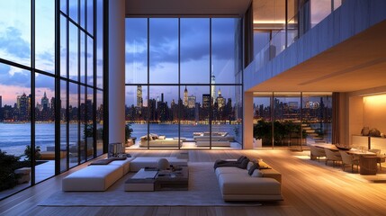 Sticker - A large, open living room with a view of the city and a large window