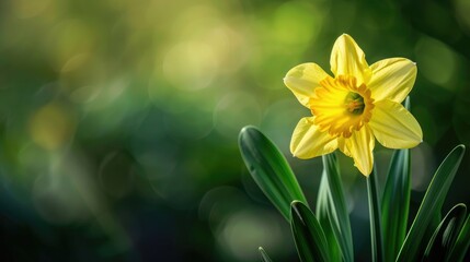 Isolated yellow daffodil with green background in close up